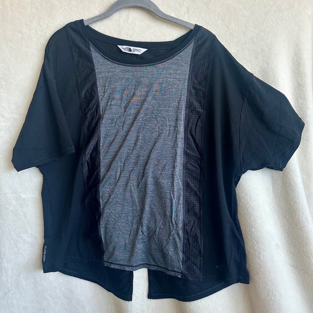 The North Face FlashDry Split Tie Back Mesh Workout Shirt Black Grey‎ Size L